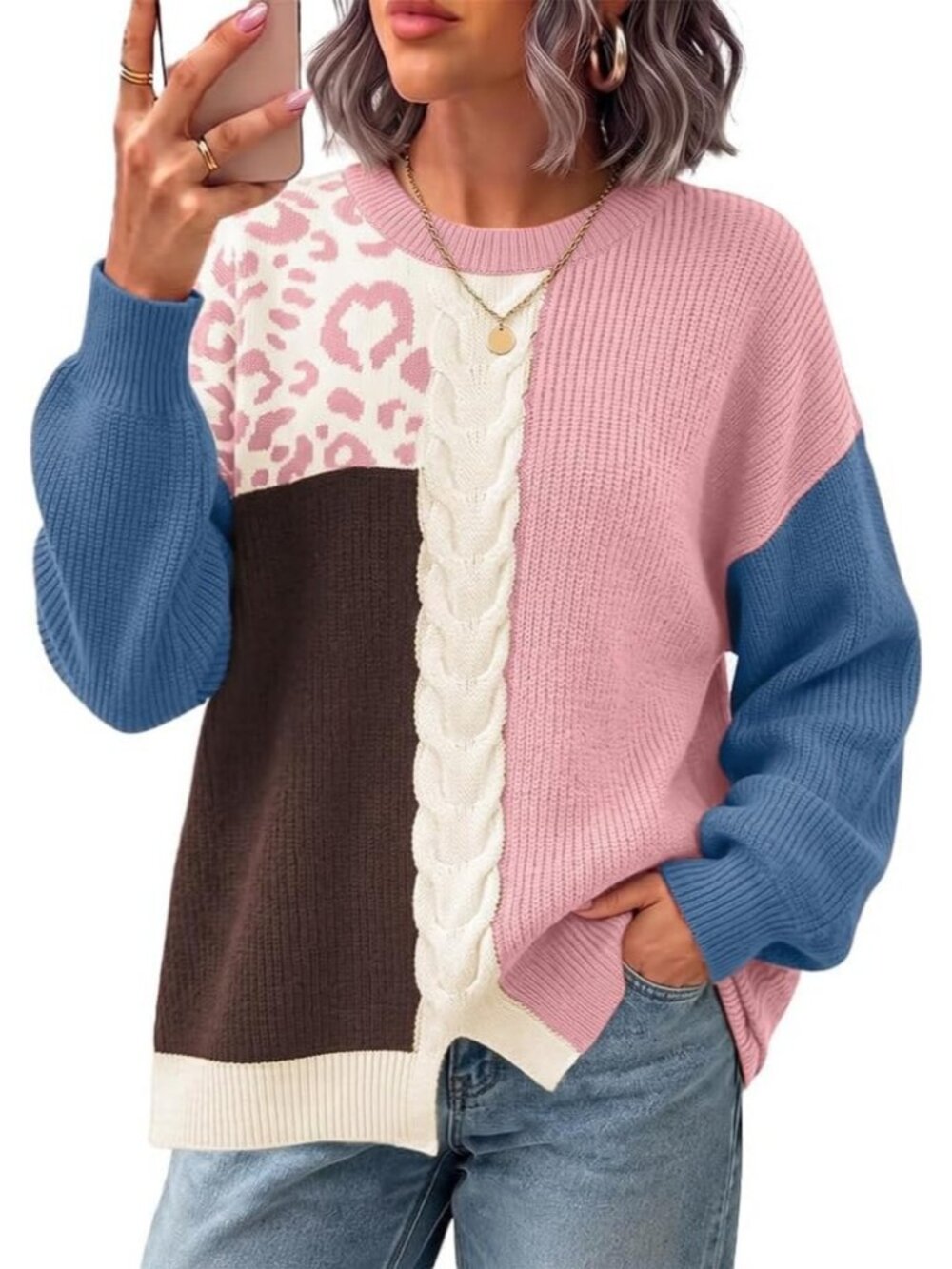 Women's Pink NEW Oversized Fall Fashion Clothes Contrast Cable Trendy Sweaters